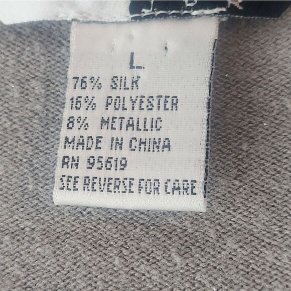 Studio JDR SILK Metallic V Neck Women's Large LngSlve Silver Blouse Top - Picture 2 of 5